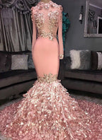 Gorgeous Round Neck Flower Long Sleevess Sequins Mermaid Formal Prom Dress