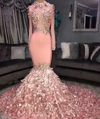 Gorgeous Round Neck Flower Long Sleevess Sequins Mermaid Formal Prom Dress