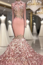 Gorgeous Round Neck Flower Long Sleevess Sequins Mermaid Formal Prom Dress