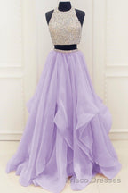 Gorgeous Round Neck Two Pieces Long Formal Prom Dresses, 2 Pieces Formal Evening Dresses
