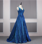 Gorgeous Royal Blue A-Line V-Neck Backless Satin Train Prom Dress Evening Dress