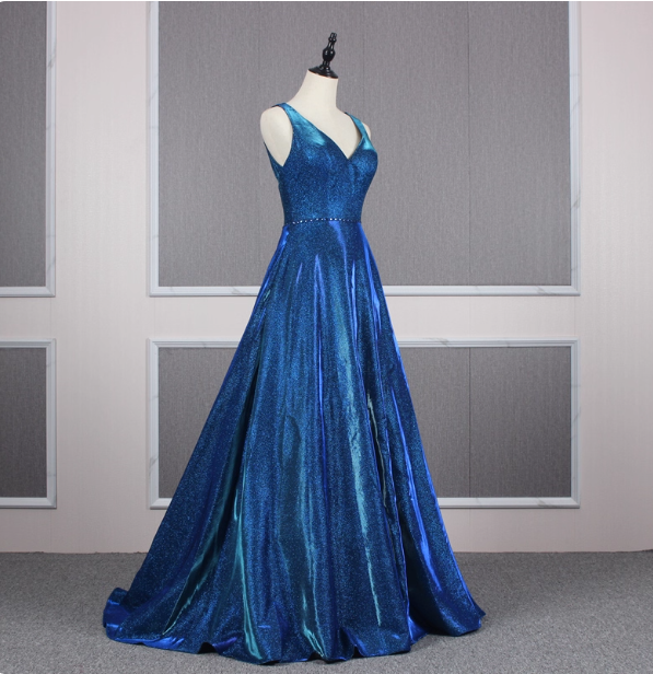 Gorgeous Royal Blue A-Line V-Neck Backless Satin Train Prom Dress Evening Dress