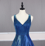 Gorgeous Royal Blue A-Line V-Neck Backless Satin Train Prom Dress Evening Dress