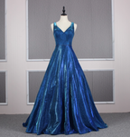 Gorgeous Royal Blue A-Line V-Neck Backless Satin Train Prom Dress Evening Dress