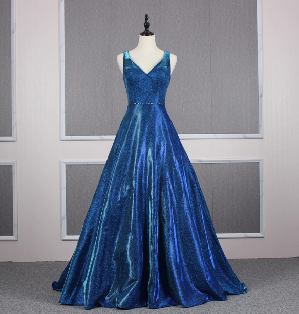 Gorgeous Royal Blue A-Line V-Neck Backless Satin Train Prom Dress Evening Dress