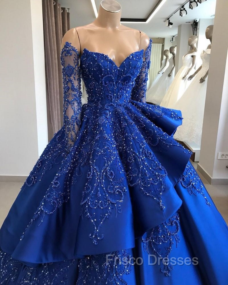 Gorgeous Royal Blue Lace Ruffled Formal Prom Party Gowns| Strapless Sweetheart Beads Quinceanera Dress