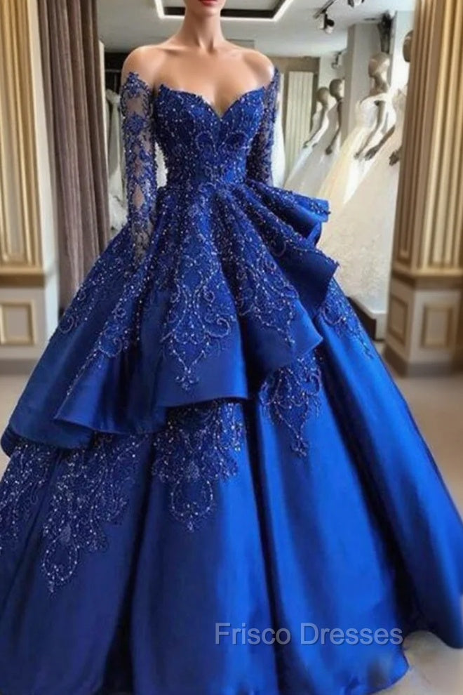 Gorgeous Royal Blue Lace Ruffled Formal Prom Party Gowns| Strapless Sweetheart Beads Quinceanera Dress Main image