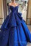 Gorgeous Royal Blue Lace Ruffled Formal Prom Party Gowns| Strapless Sweetheart Beads Quinceanera Dress