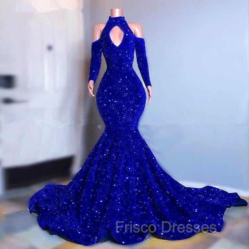 Gorgeous Royal Blue Long Sleeves Formal Prom Dress Mermaid Long With Sequins