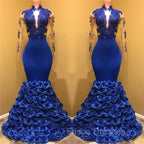 Gorgeous Royal Blue Formal Prom Dress Long Sleevess Evening Gowns with Rose Flowers