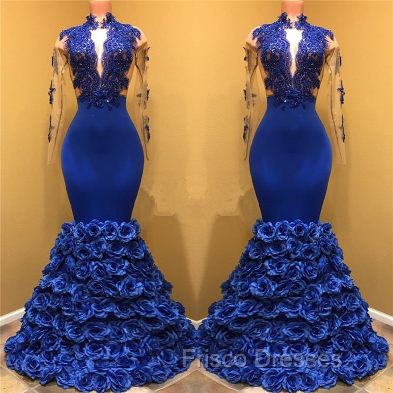 Gorgeous Royal Blue Formal Prom Dress Long Sleevess Evening Gowns with Rose Flowers