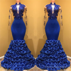 Gorgeous Royal Blue Prom Dresses Long Sleevess Evening Gowns with Rose Flowers