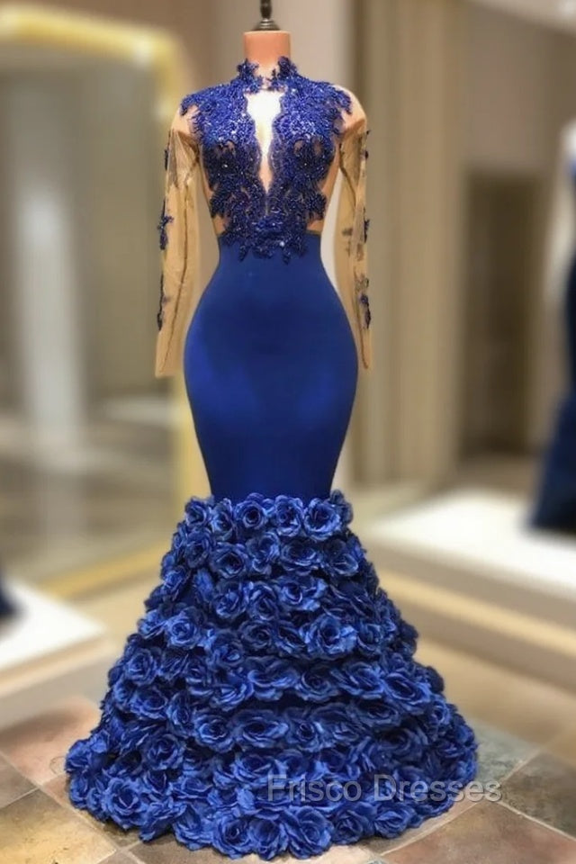 Gorgeous Royal Blue Formal Prom Dress Long Sleevess Evening Gowns with Rose Flowers Main image