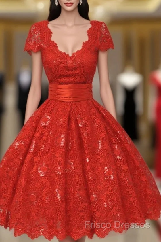 Gorgeous Scalloped-Edge Knee-Length Red Lace Homecoming Dress With Sash