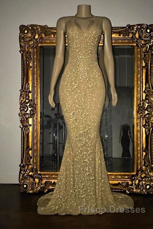 Gorgeous Sequined Mermaid Spaghetti-Strap Long Sleevesless Formal Prom Party Gowns