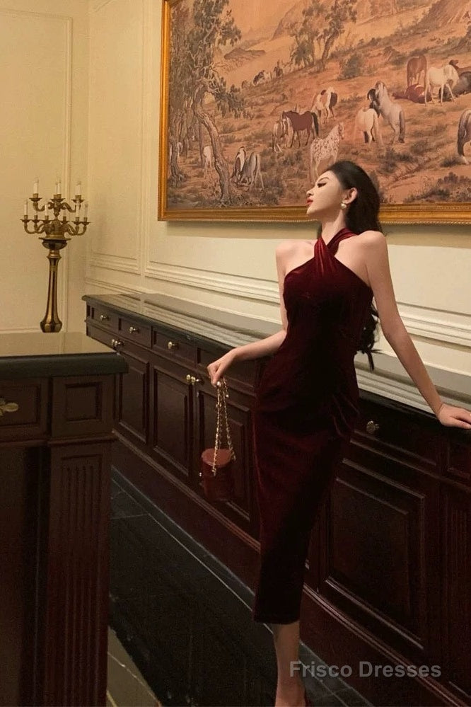 Gorgeous Sheath Halter Burgundy Date Night Dress Velvet Prom Dresses P –  Frisco Dresses