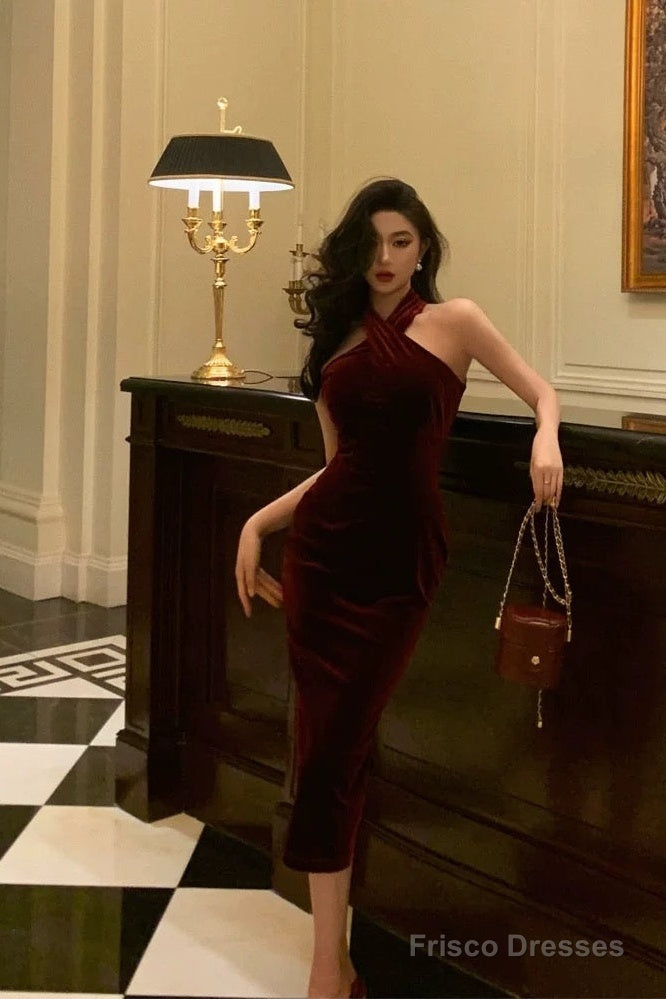 open lace back dress Gorgeous Sheath Halter Burgundy Date Night Dress Velvet Prom Dresses P –  Frisco Dresses