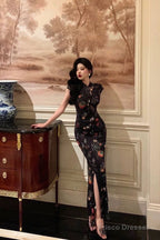 Gorgeous Sheath High Neckline Black Floral Date Night Dress Long Prom Dresses Birthday Outfits