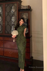 Gorgeous Sheath High Neckline Short Sleeves Green Date Night Dress Long Prom Dresses Birthday Outfits