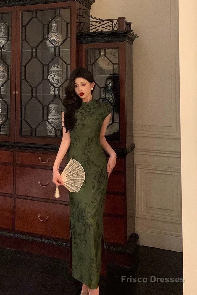 Gorgeous Sheath High Neckline Short Sleeves Green Date Night Dress Long Prom Dresses Birthday Outfits