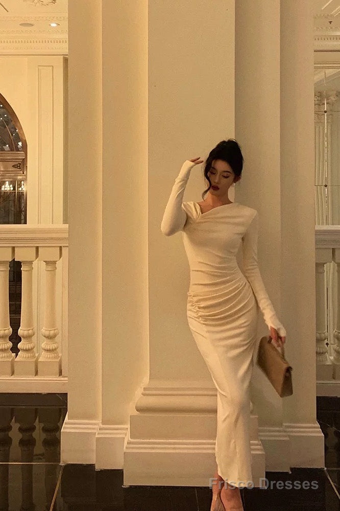 Gorgeous Sheath Long Sleeves Ivory Date Night Dress Long Prom Dresses Birthday Outfits