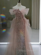 Gorgeous Sheath Off The Shoulder Pink Sequin Long Evening Dress Formal Prom Dress Birthday Outfits
