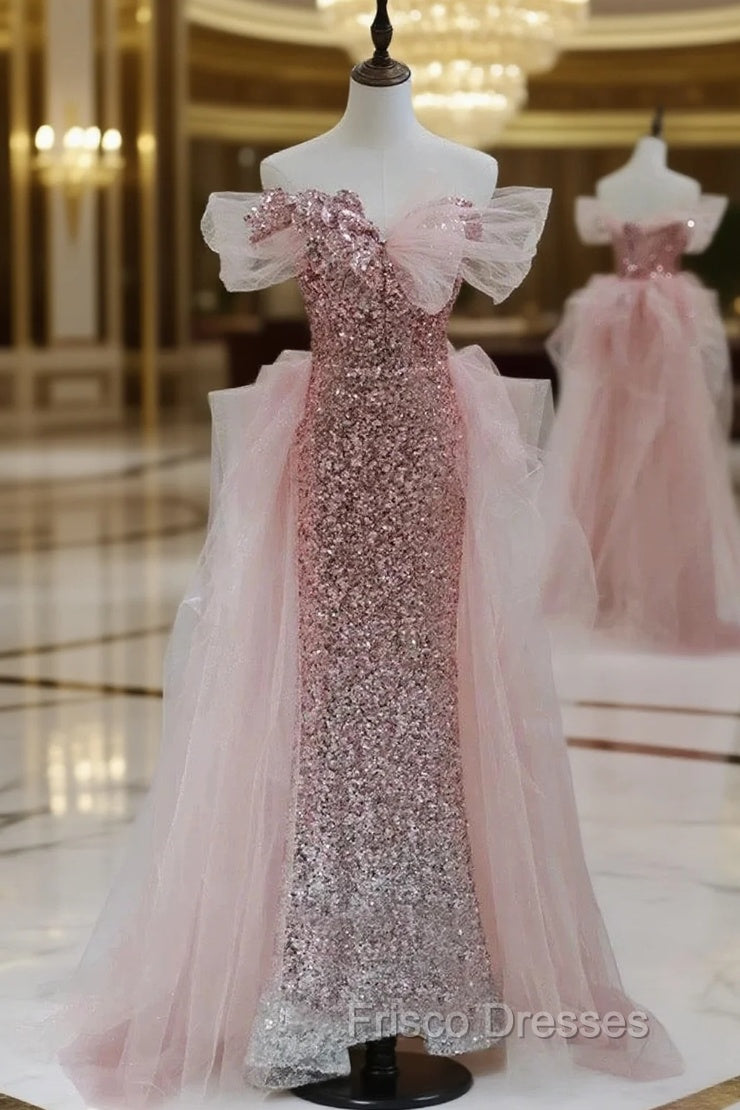 Gorgeous Sheath Off The Shoulder Pink Sequin Long Evening Dress Formal Prom Dress Birthday Outfits