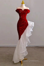 Gorgeous Sheath Off The Shoulder Sequin Red Evening Dress Formal Prom Dress Birthday Outfits