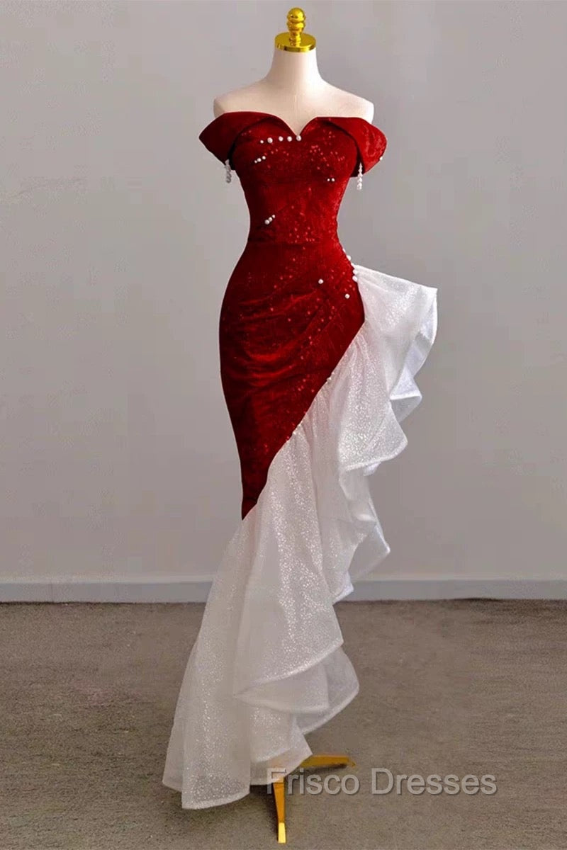 Gorgeous Sheath Off The Shoulder Sequin Red Evening Dress Formal Prom Dress Birthday Outfits