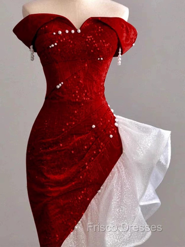 Gorgeous Sheath Off The Shoulder Sequin Red Evening Dress Formal Prom Dress Birthday Outfits