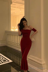Gorgeous Sheath Off The Shoulder Short Sleeves Date Night Dress Red Prom Dresses Birthday Outfits