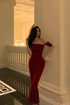 Gorgeous Sheath Off The Shoulder Short Sleeves Date Night Dress Red Prom Dresses Birthday Outfits