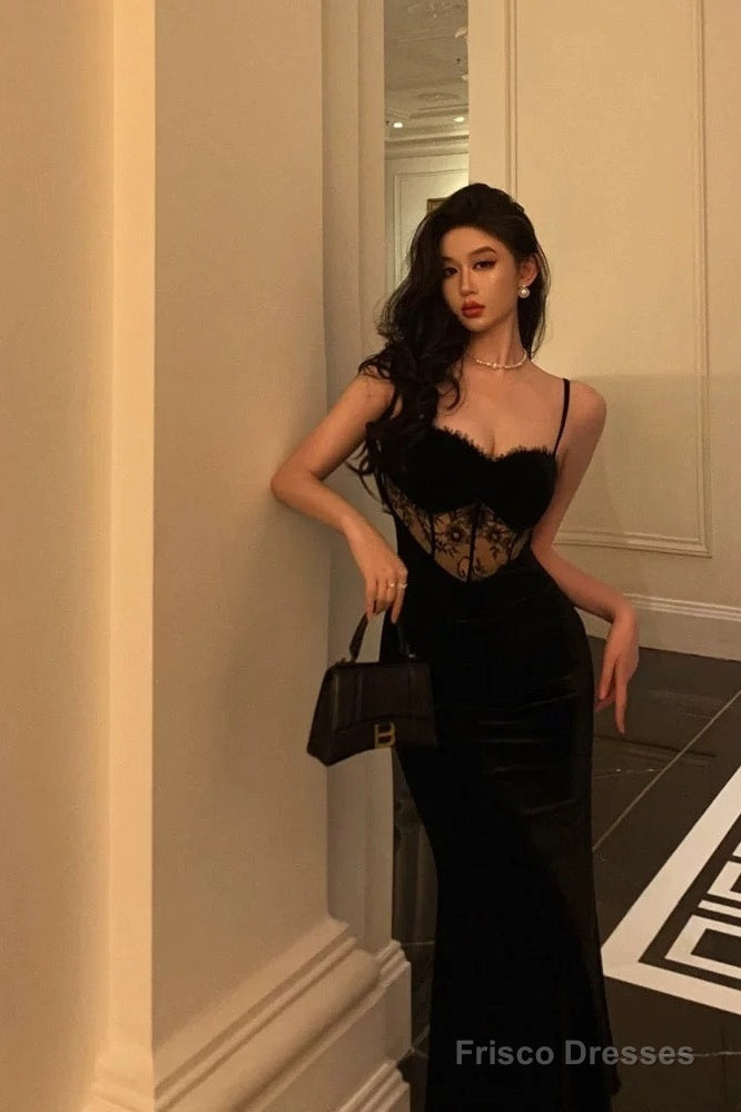 Gorgeous Sheath Spaghetti Straps Black Lace Date Night Dress Long Prom Dresses Birthday Outfits Secondary image