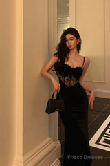 Gorgeous Sheath Spaghetti Straps Black Lace Date Night Dress Long Prom Dresses Birthday Outfits