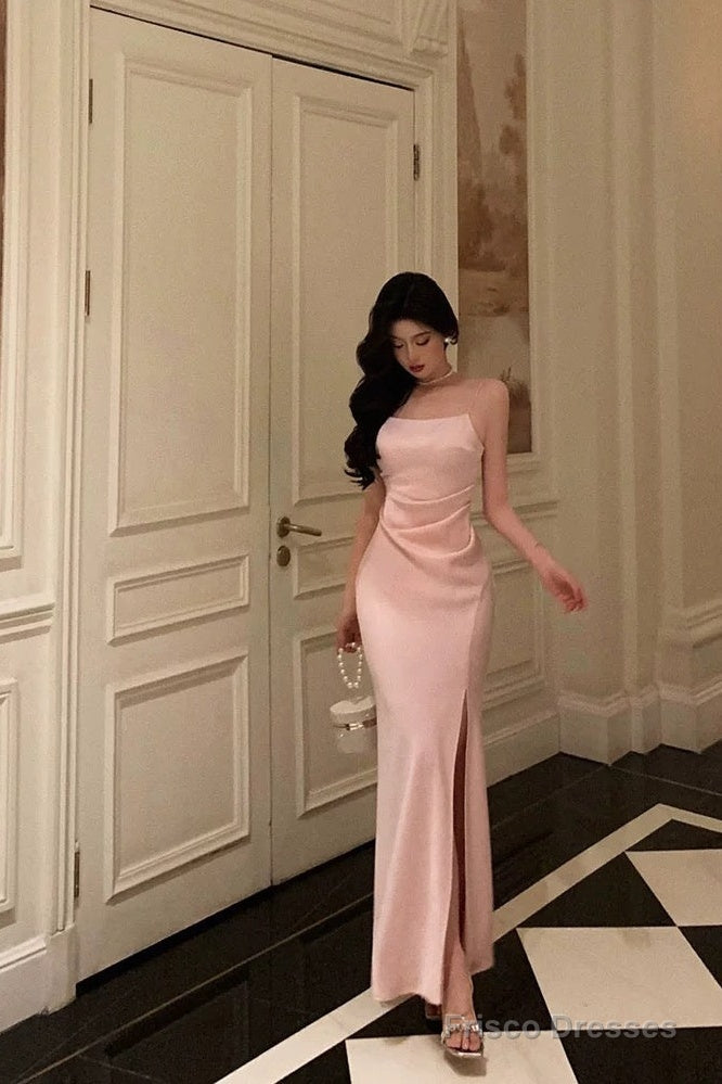 Gorgeous Sheath Spaghetti Straps Long Pink Slit Satin Date Night Dress Prom Dresses Birthday Outfit Secondary image