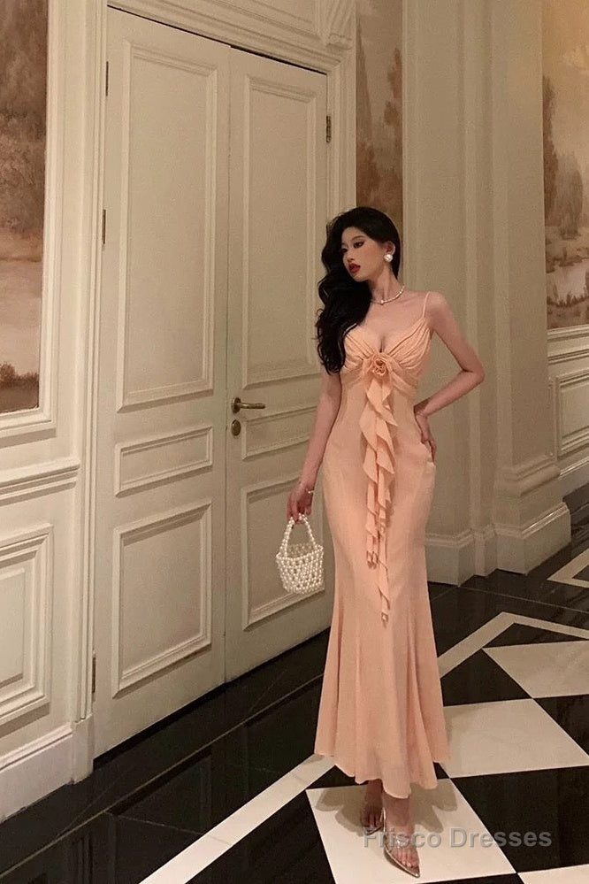 Gorgeous Sheath Spaghetti Straps Pink Chiffon Date Night Dress Long Prom Dresses Birthday Outfits Secondary image