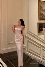 Gorgeous Sheath Spaghetti Straps White Satin Date Night Dress Long Prom Dresses Birthday Outfits