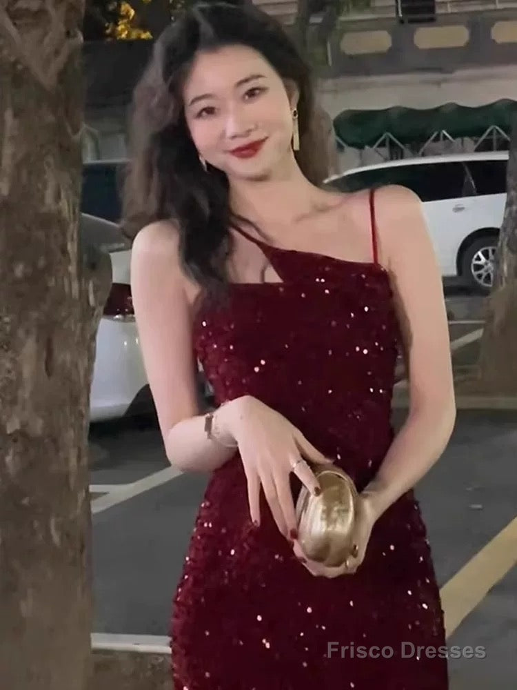 Gorgeous Sheath Spaghetti Straps Wine Red Sequin Evening Dress Prom Dresses Birthday Outfits Secondary image