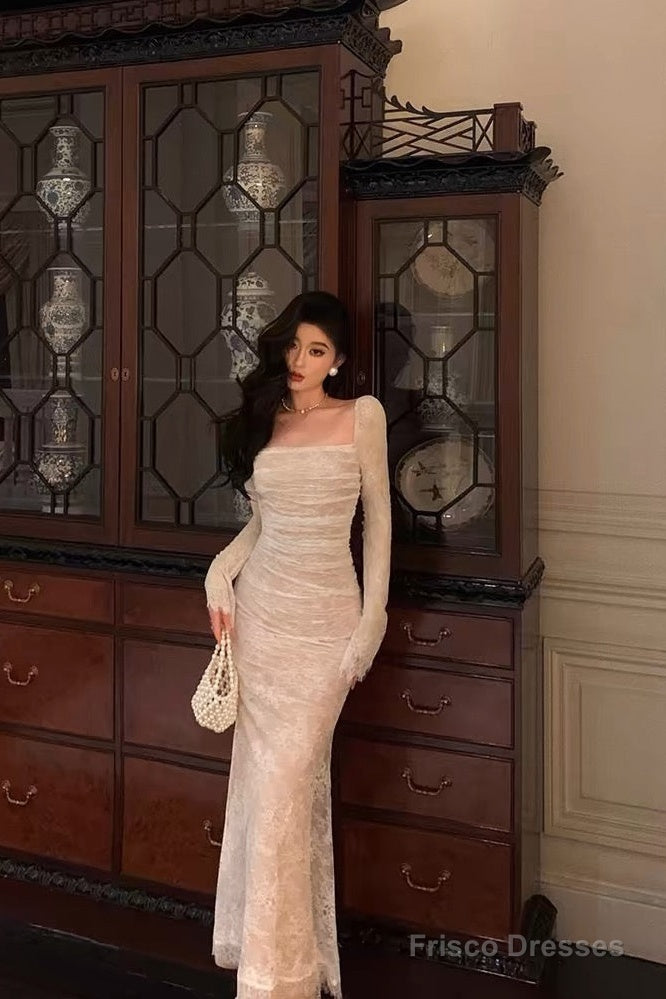 Gorgeous Sheath Square Neckline Long Sleeves Date Night Dress White Lace Prom Dresses Birthday Outfits