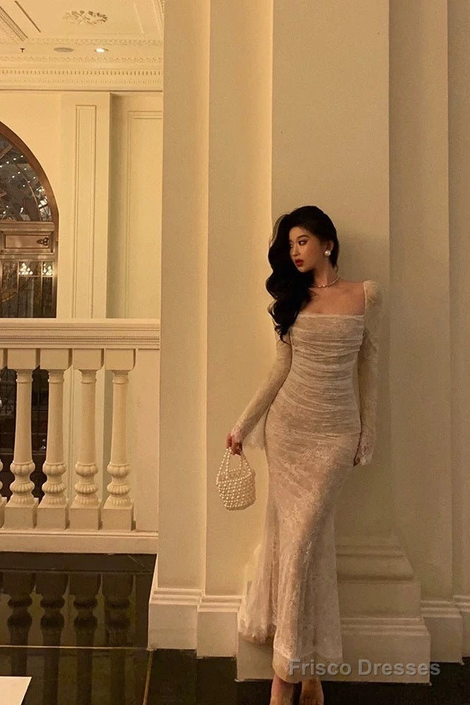 Gorgeous Sheath Square Neckline Long Sleeves Date Night Dress White Lace Prom Dresses Birthday Outfits Main image