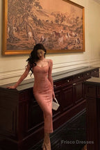 Gorgeous Sheath Square Neckline Long Sleeves Pink Lace Date Night Dress Long Prom Dresses Birthday Outfits