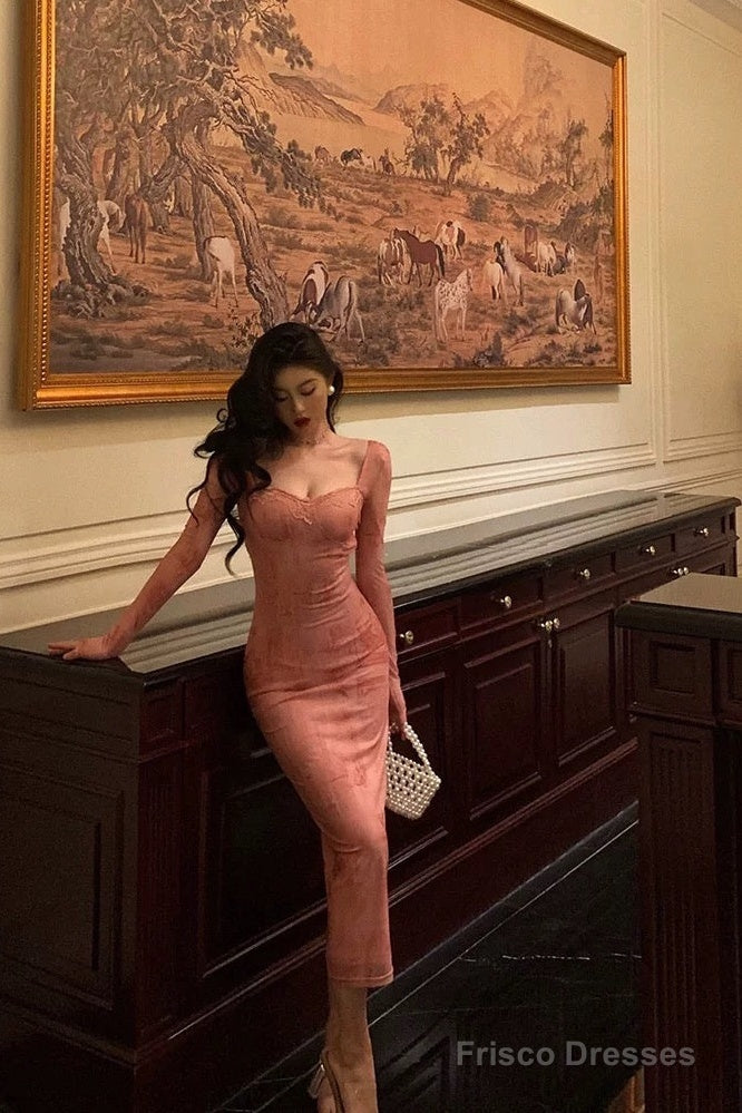 Gorgeous Sheath Square Neckline Long Sleeves Pink Lace Date Night Dress Long Prom Dresses Birthday Outfits Main image
