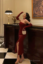 Gorgeous Sheath Strapless Burgundy Date Night Dress Tulle Prom Dresses With Gloves Party Dress Birthday Outfits