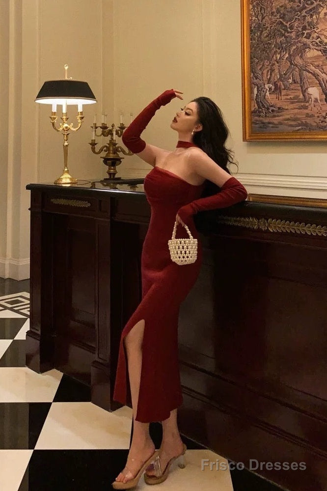 Gorgeous Sheath Strapless Burgundy Date Night Dress Tulle Prom Dresses With Gloves Party Dress Birthday Outfits
