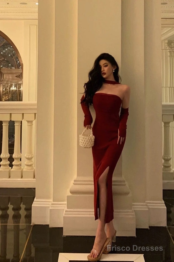 Gorgeous Sheath Strapless Burgundy Date Night Dress Tulle Prom Dresses With Gloves Party Dress Birthday Outfits Main image