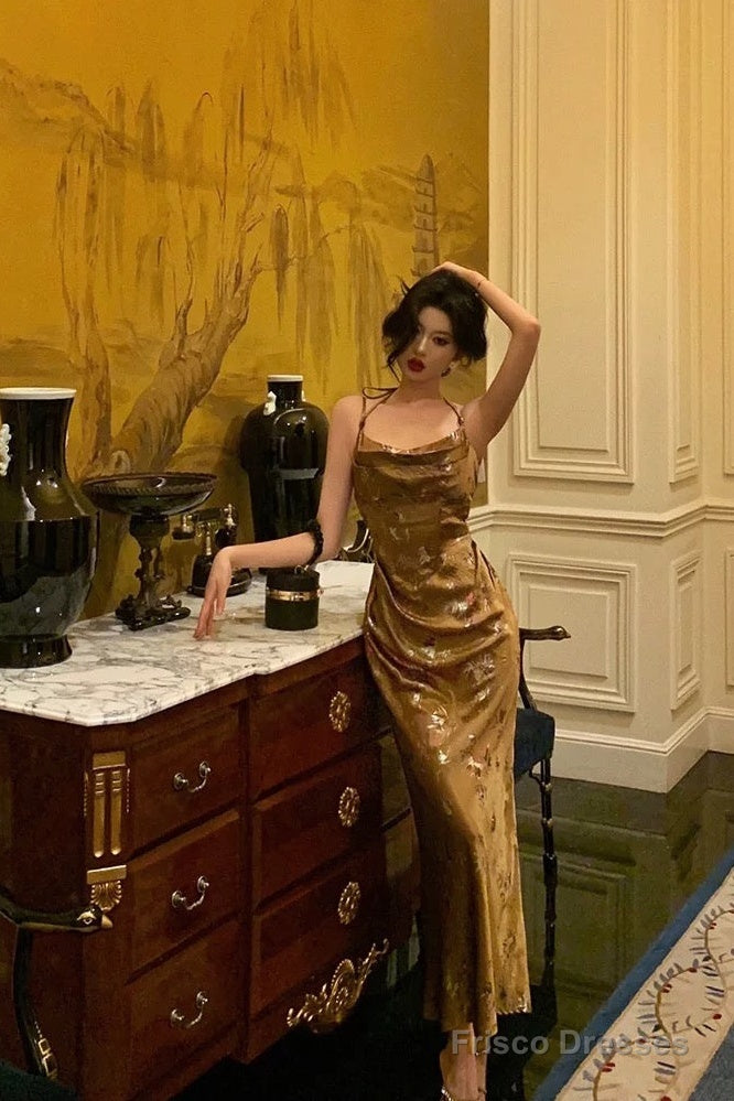 Gorgeous Sheath Straps Gold Satin Date Night Dress Long Prom Dresses Birthday Outfits Secondary image