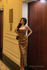 Gorgeous Sheath Straps Gold Satin Date Night Dress Long Prom Dresses Birthday Outfits