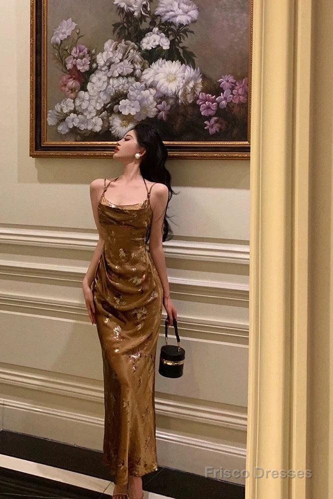 Gorgeous Sheath Straps Gold Satin Date Night Dress Long Prom Dresses Birthday Outfits Main image