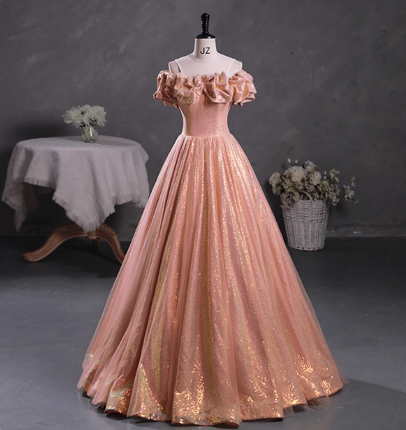 Gorgeous Shimmering Pink-Gold Ruched Sequin Sheer Tulle Long Ball Gown Evening Dress Sweet 16 Dress Secondary image