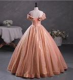 Gorgeous Shimmering Pink-Gold Ruched Sequin Sheer Tulle Long Ball Gown Evening Dress Sweet 16 Dress